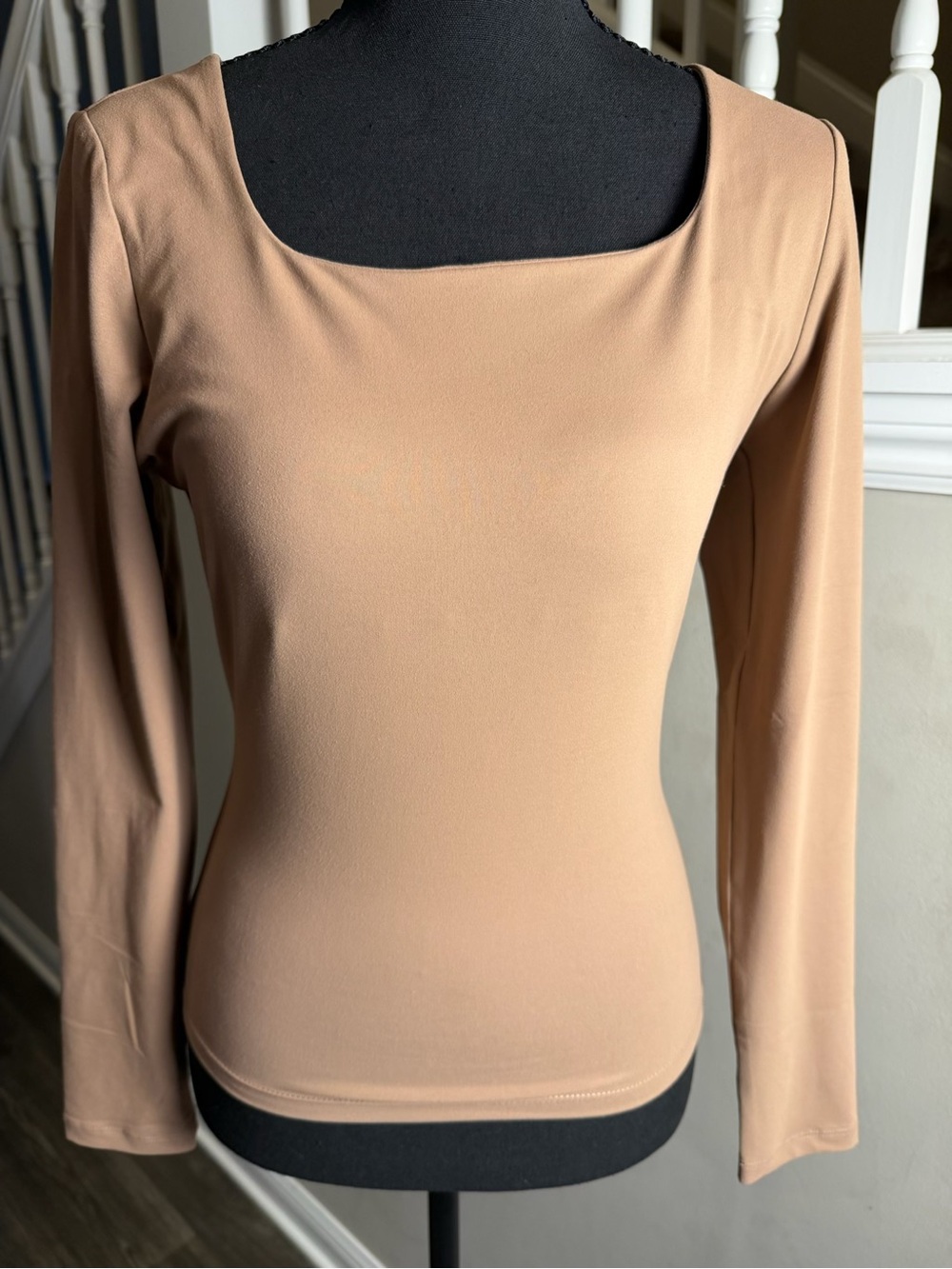Trendy Queen Long Sleeve Square Neck Top in Tan